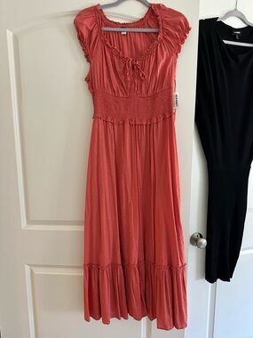 Old Navy Coral Maxi Dress with Smocked Waist and Tie Neck